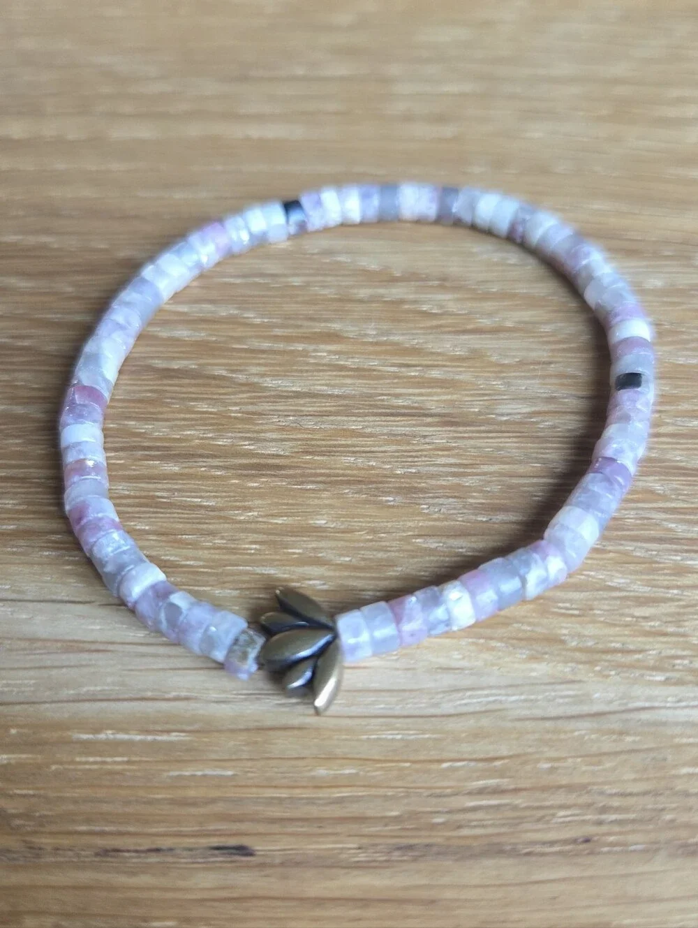 Tourmaline & Lepidolite Beaded Stretch Bracelet with Lotus Accent | Handmade